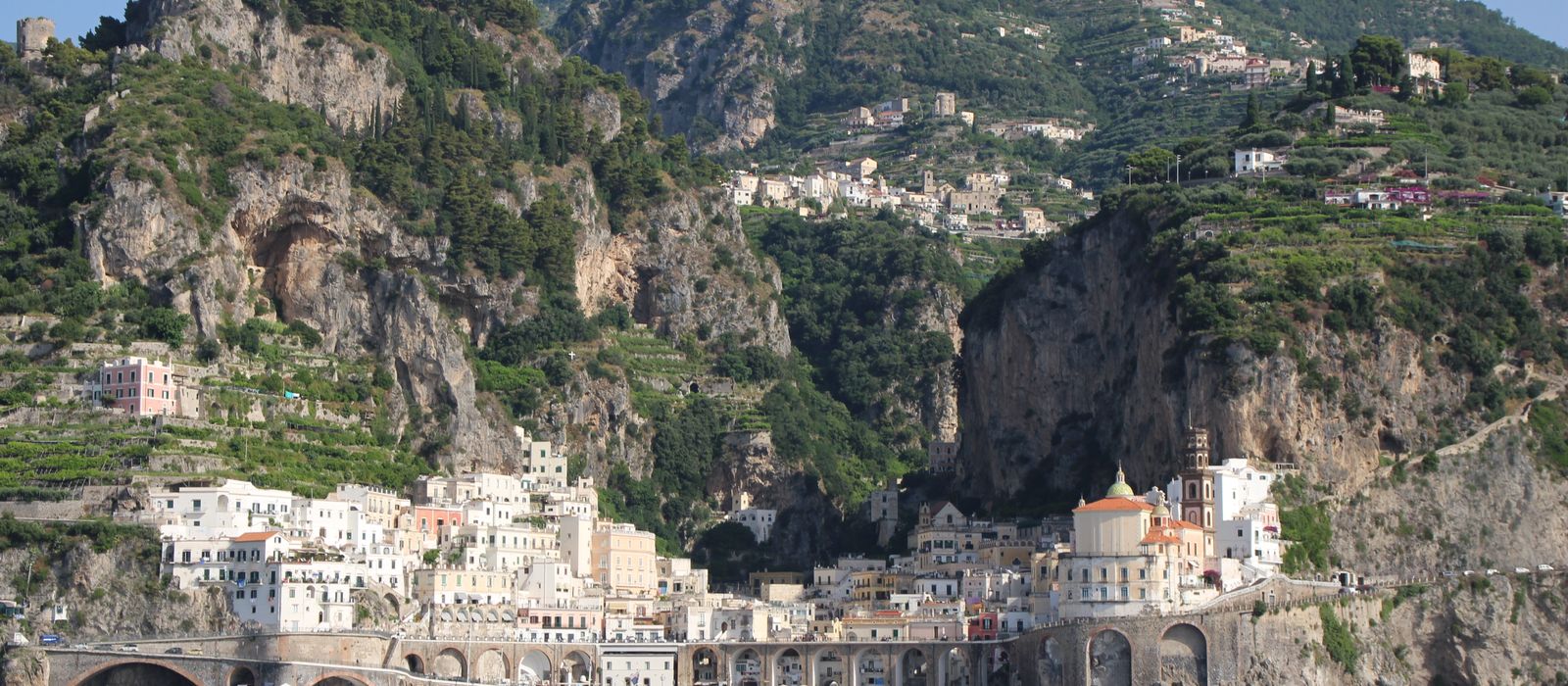 A picturesque town nestled by cliffs on the Amalfi Coast, Italy.