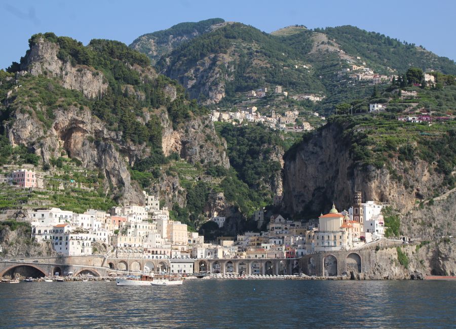 A picturesque town nestled by cliffs on the Amalfi Coast, Italy.