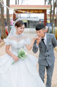 A loving bride and groom share a special moment in a joyful wedding ceremony.
