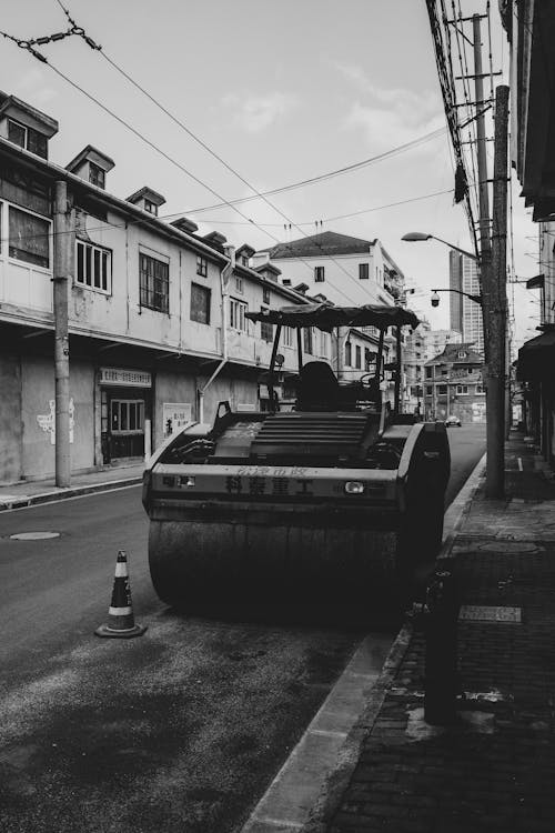 Bulldozer on a Street in Black and White