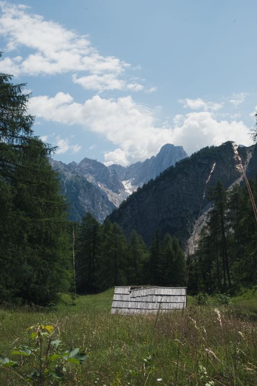 Free View of towering mountains and lush forest surrounding a rustic cabin in summer. Stock Photo
