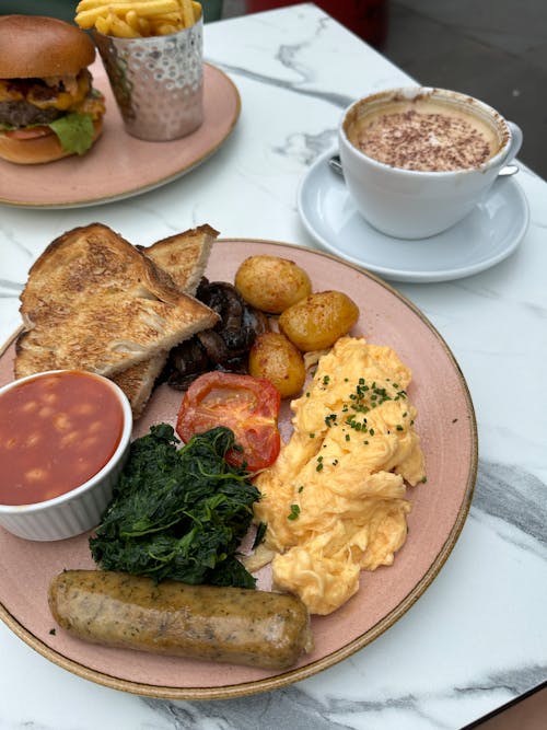 Free Full English Breakfast with Coffee Stock Photo