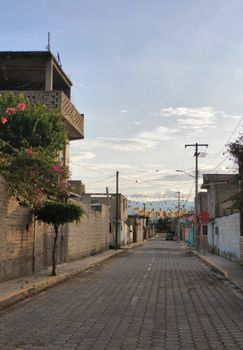 A serene cobblestone street in a quiet town lined with rustic houses and colorful bunting under a clear sky.