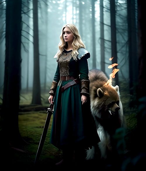 AI generated blond warrior girl in the fores, sword in hand and sidekicks a flaming bear