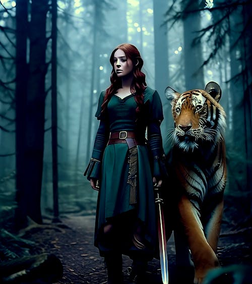 AI generated ginger hair warrior girl in the forest with her tiger