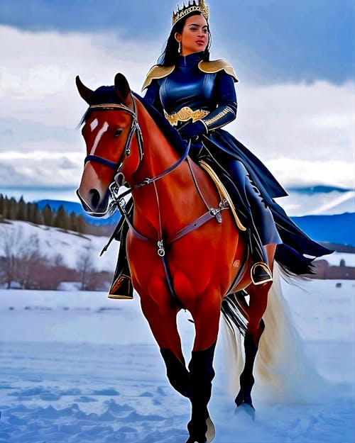 AI generated princess in blue dress riding on her horse on snowfields