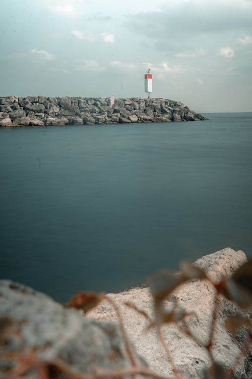 A lighthouse is in the distance by the water