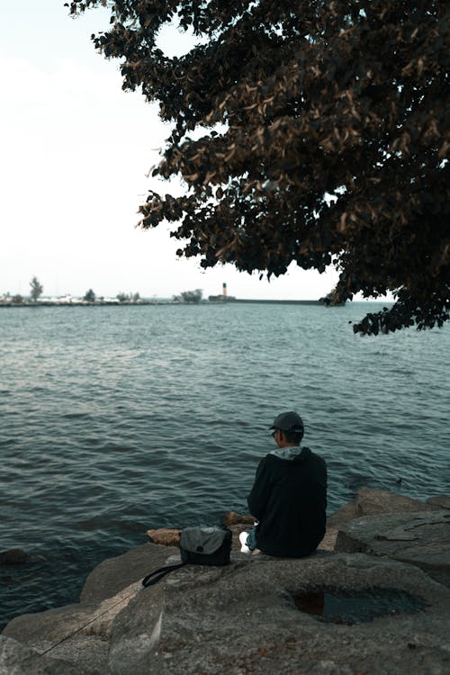 A person sitting on a rock by the water