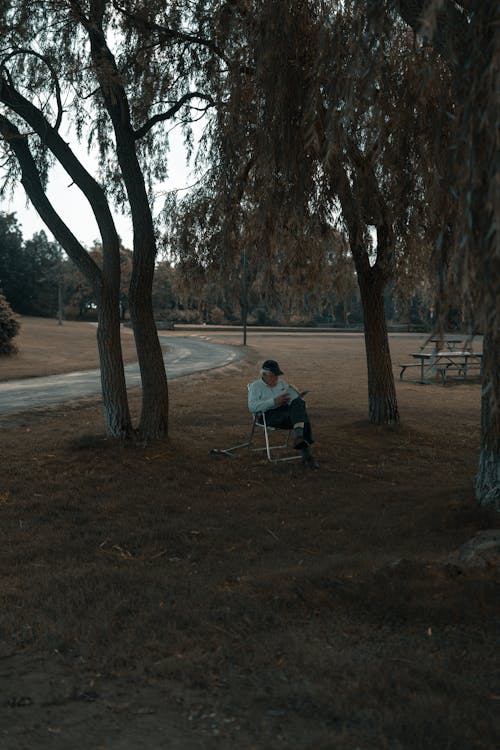 A person sitting in a chair in a park