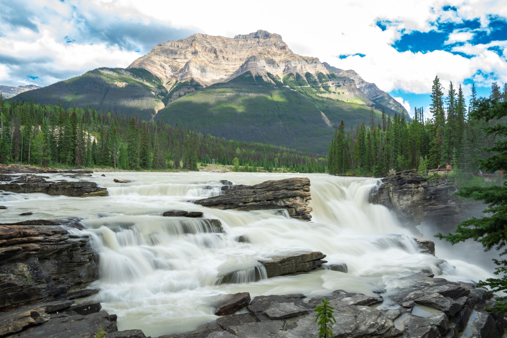 Explore the breathtaking Athabasca Falls with stunning mountain backdrop in Alberta, Canada.
