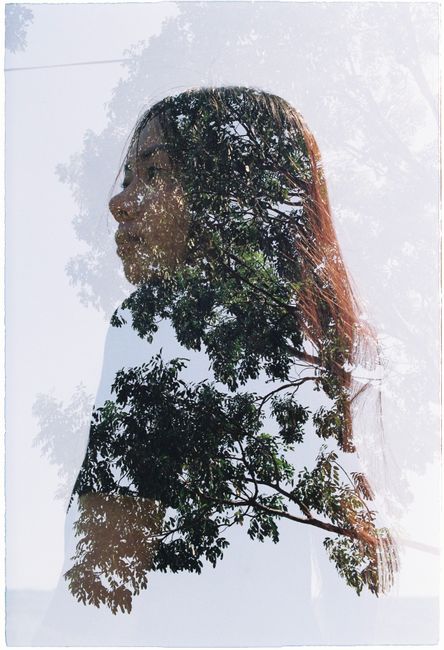 Artistic double exposure portrait blending a woman and tree branches for a serene effect.