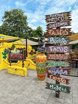 Vibrant Mexican restaurant exterior with colorful signs and festive decor.