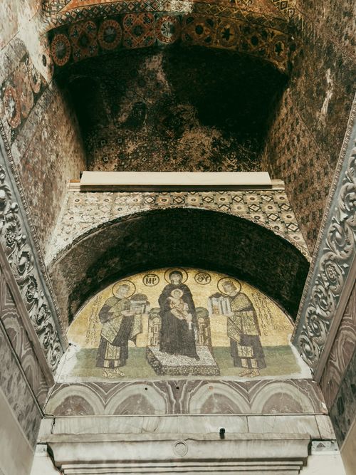 Free Historic mosaic art in the Hagia Sophia, featuring religious figures in a Byzantine style. Stock Photo