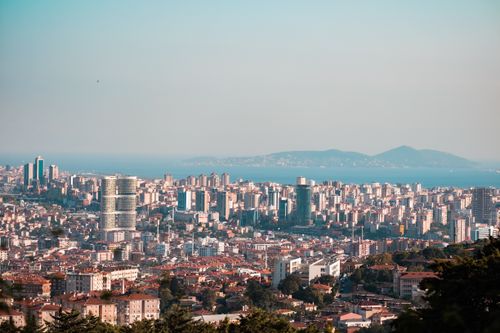 Free Stunning panoramic view of Istanbul's urban skyline with towering skyscrapers and the Bosphorus Strait. Stock Photo