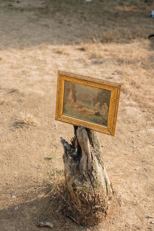 Free A framed artwork rests on a tree stump in a dry, open field under daylight. Stock Photo