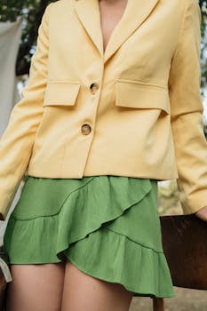 Stylish outdoor portrait focusing on a yellow jacket and green skirt, showcasing modern fashion.