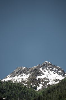 A striking view of a snow-capped mountain peak under a clear blue sky, surrounded by dense forest.