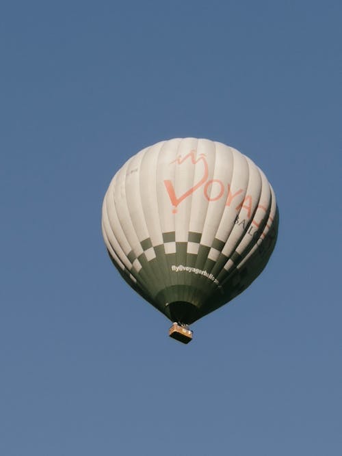 View of a Hot Air Balloon Flying against a Clear Blue Sky 