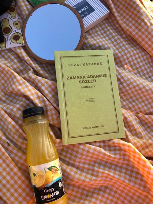 Book, Mirror and Lemonade on Blanket