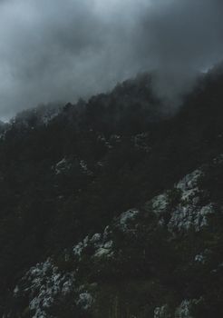 A dramatic aerial view of a foggy mountain forest under overcast skies.