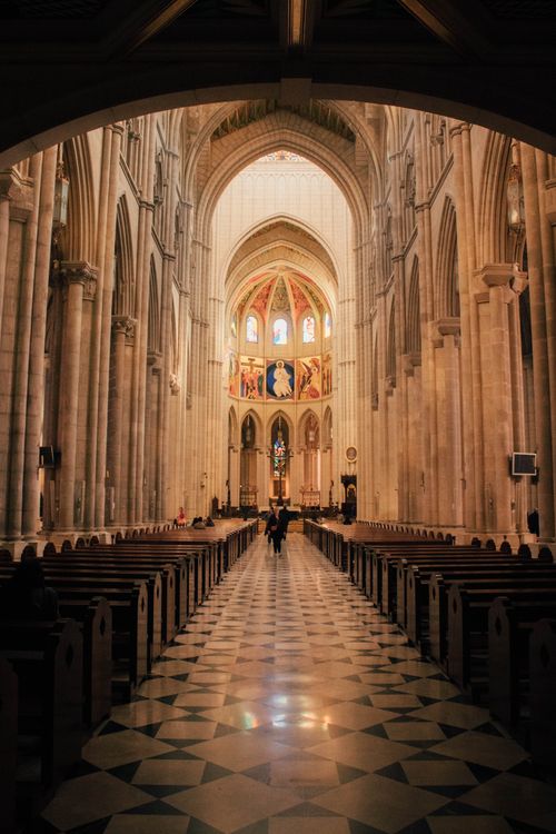 Free Explore the grand interior of Almudena Cathedral in Madrid, showcasing its architectural splendor. Stock Photo