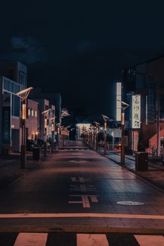 A serene, well-lit street in Kyoto, Japan at night featuring modern lamps and traditional architecture.