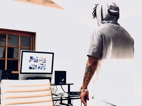 办公室里，有纹身的人正查看电脑屏幕和办公桌设置，充满现代审美