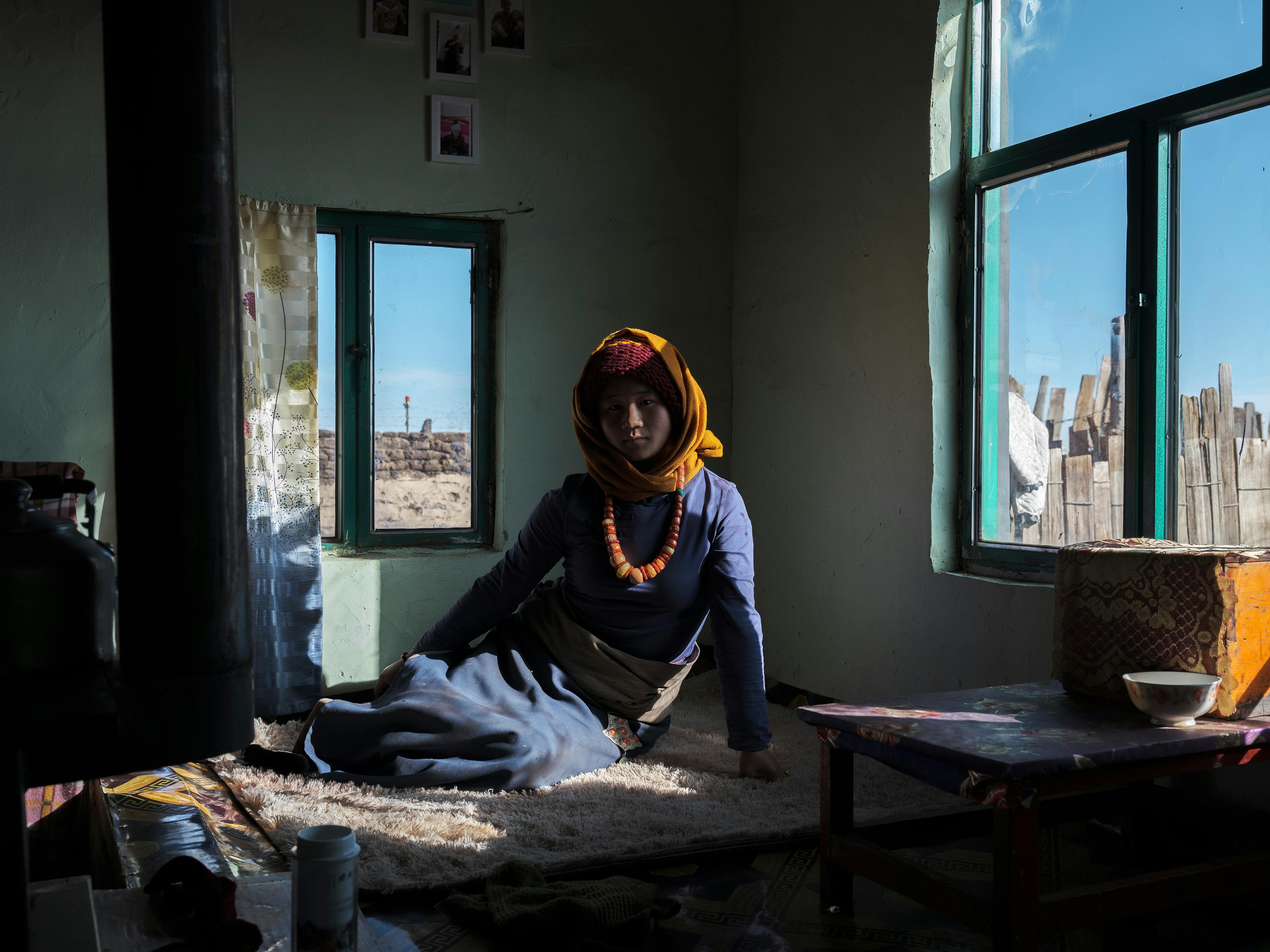 A woman in traditional attire sits by the window, casting dramatic shadows in a cozy room.