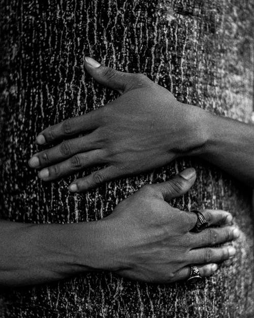 Black and White Photo of a Woman Hugging a Tree