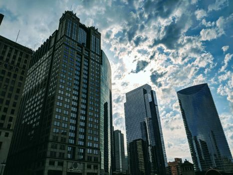 Stunning view of Chicago skyline with modern skyscrapers under a dramatic sky. Perfect urban architectural shot.