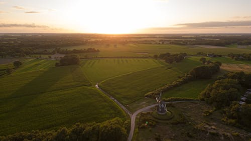 Aerial View of Dutch Fields at Sunset