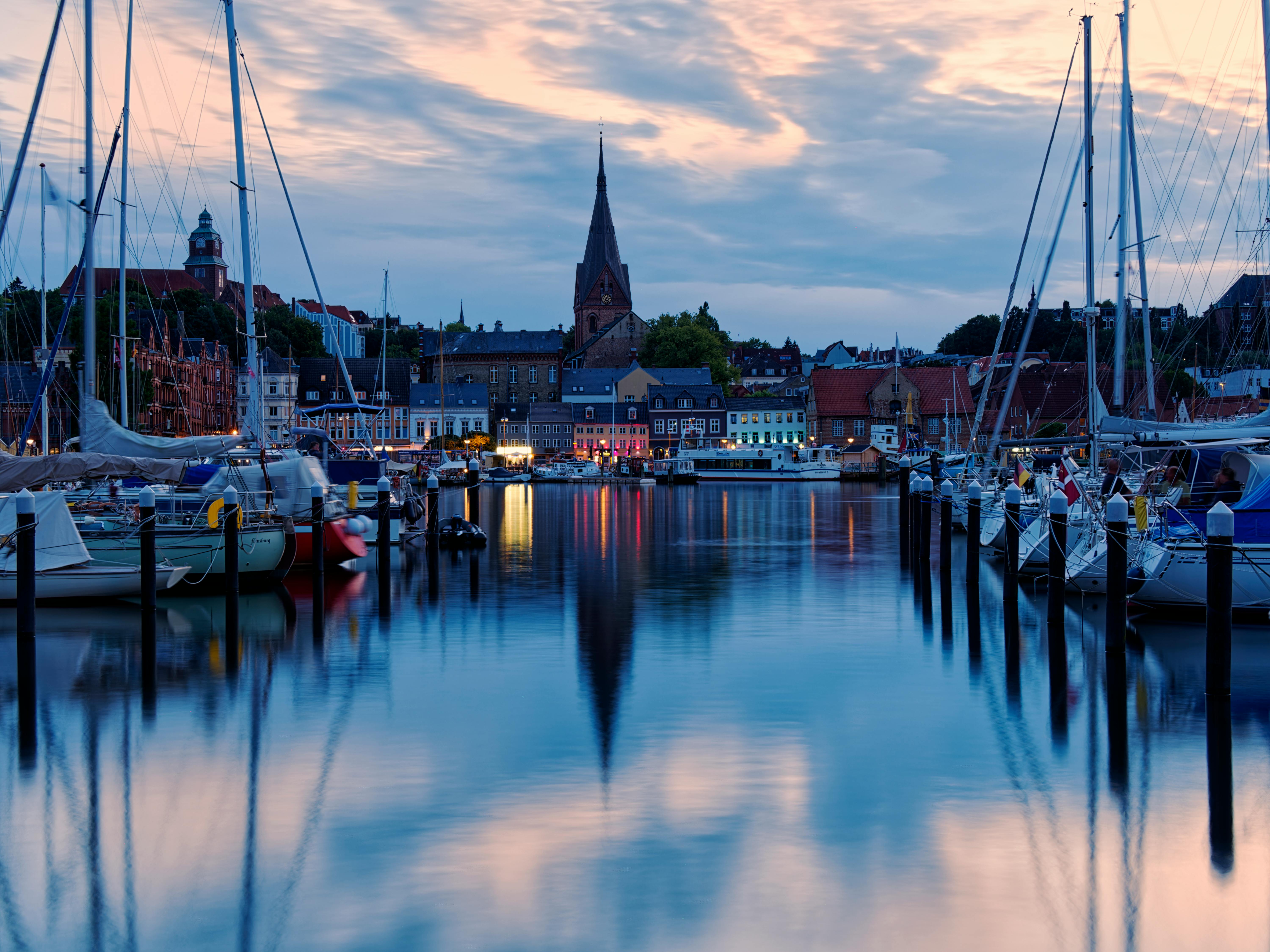 View of the Harbor and Old Town of Flensburg at Sunset