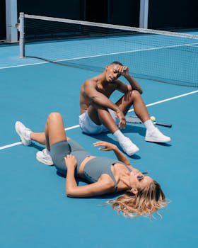 Two young athletes relaxing on a sunny tennis court, highlighting a casual and sporty lifestyle.