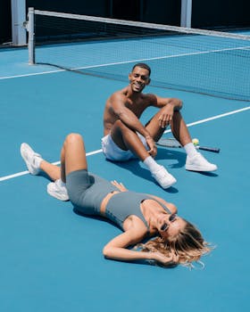 Man and woman in stylish sportswear posing on a blue tennis court.