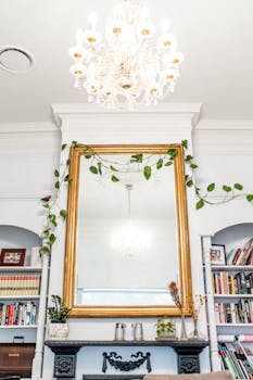 Stylish living room featuring a large ornate mirror and elegant chandelier, emanating luxury and sophistication.