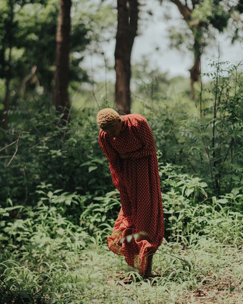 Woman in Red Dress Standing in Forest