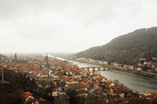 Free Aerial view of Heidelberg's historical old town and Neckar River in Germany. Stock Photo
