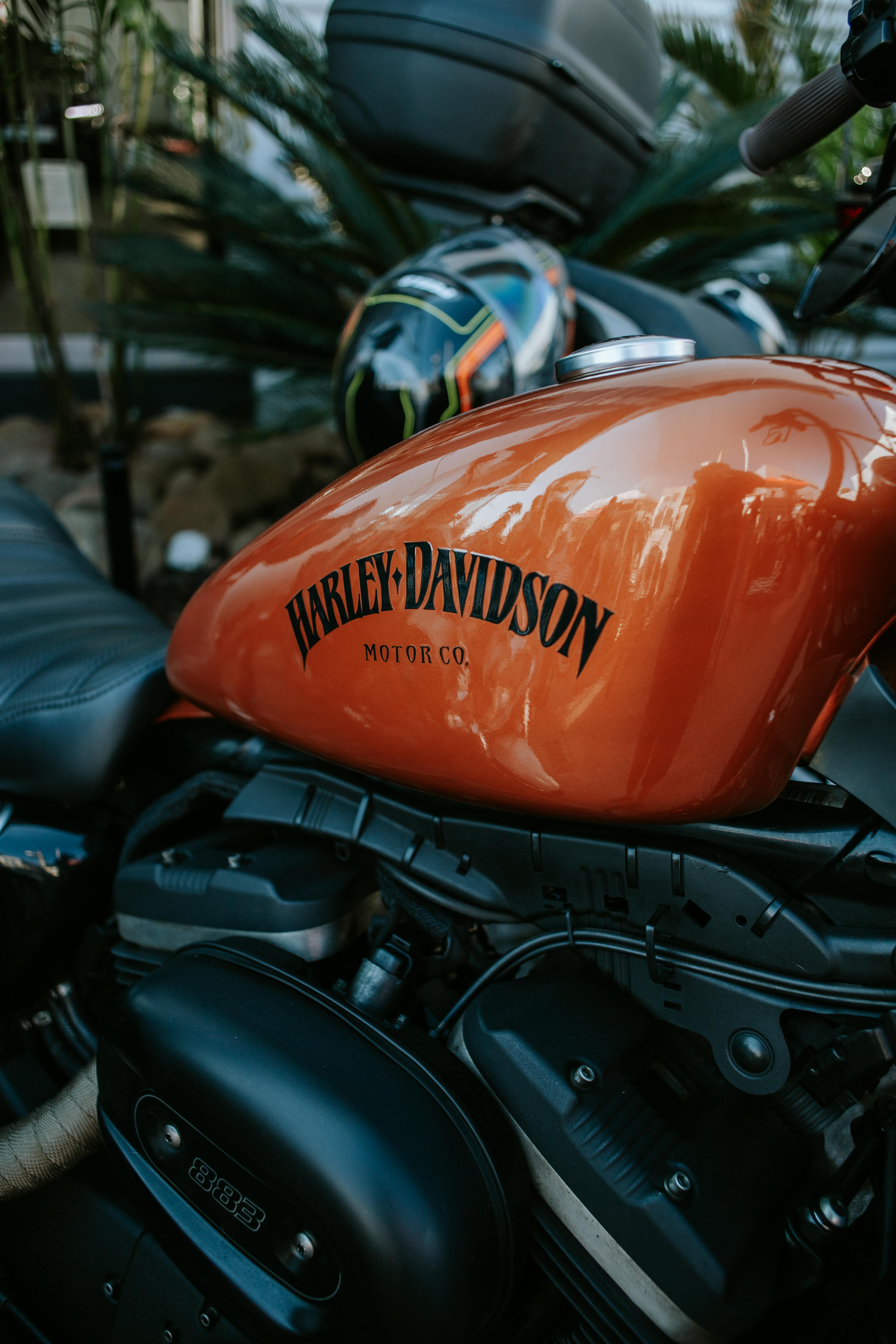 Detailed view of a Harley Davidson motorcycle engine with focus on the orange fuel tank.