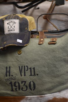 Close-up of a weathered trucker cap and vintage canvas bag for a retro fashion look.