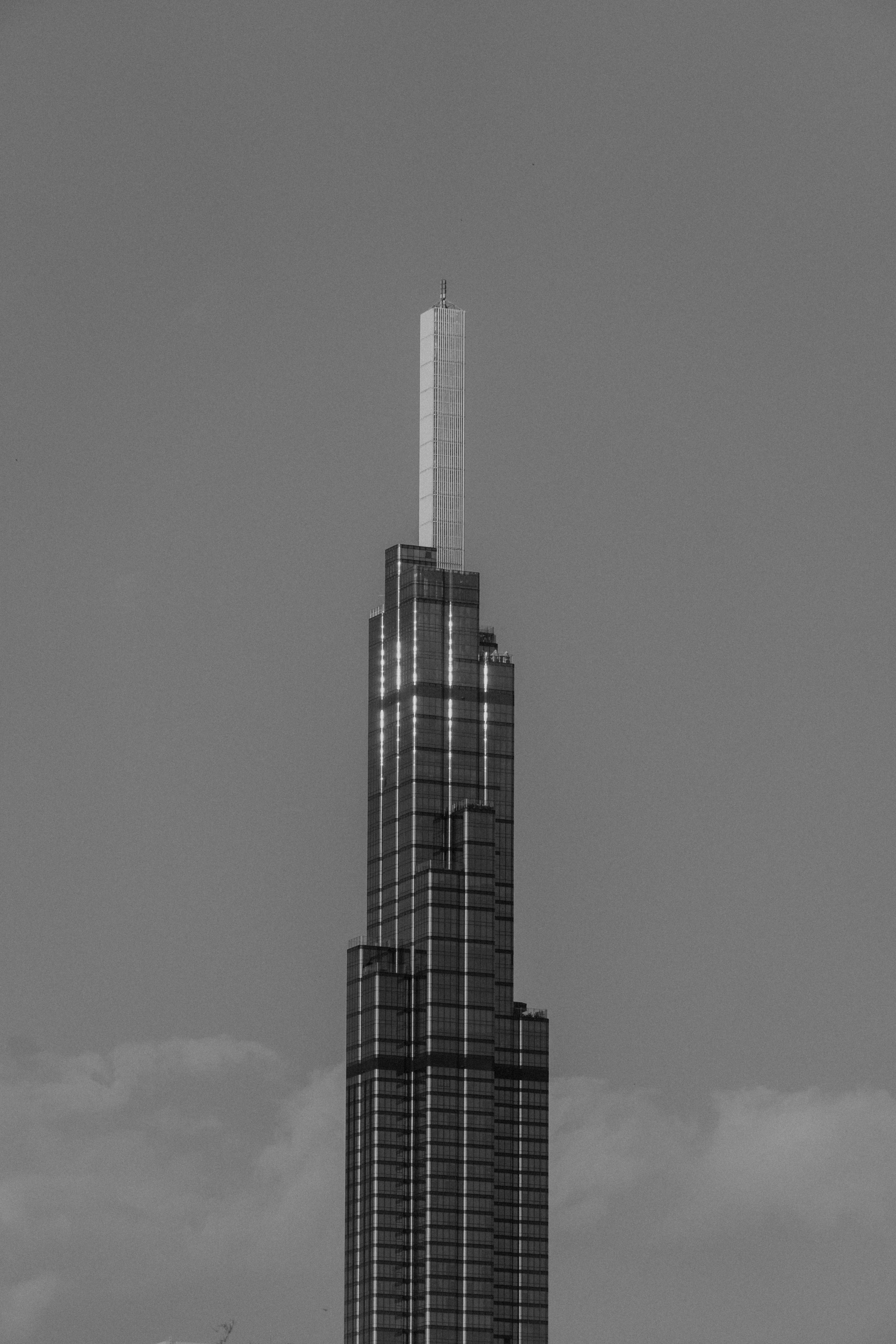Black and white image of a modern skyscraper in Ho Chi Minh City, Vietnam.