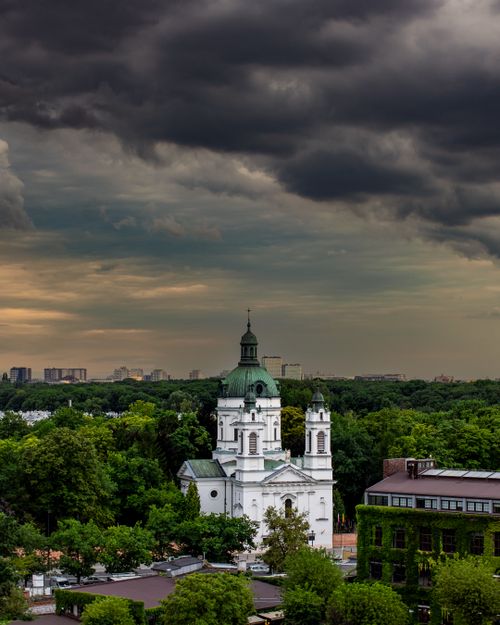 Free Aerial view of St Charles Borromeo Church in Warsaw with dark clouds overhead. Stock Photo