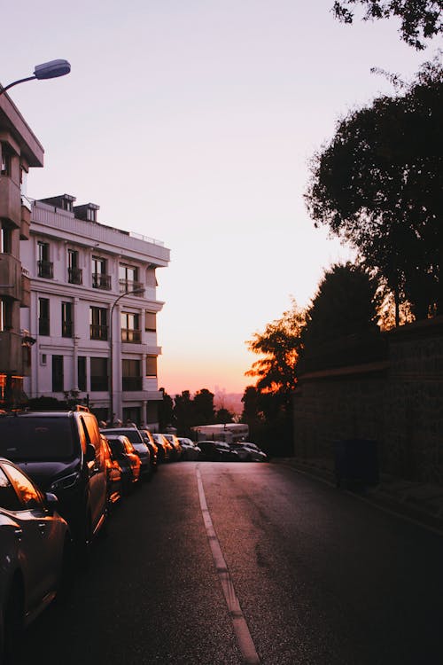 Cars Parked on Street at Sunset