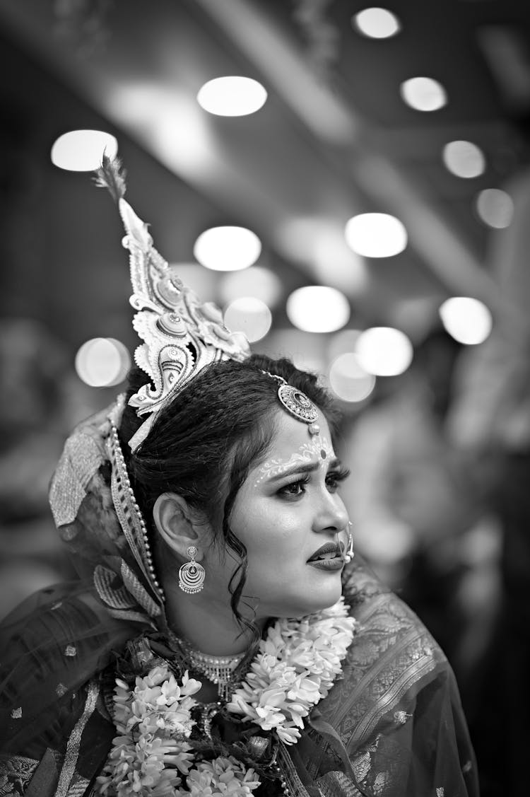 Bride In Golden Crown In Black And White