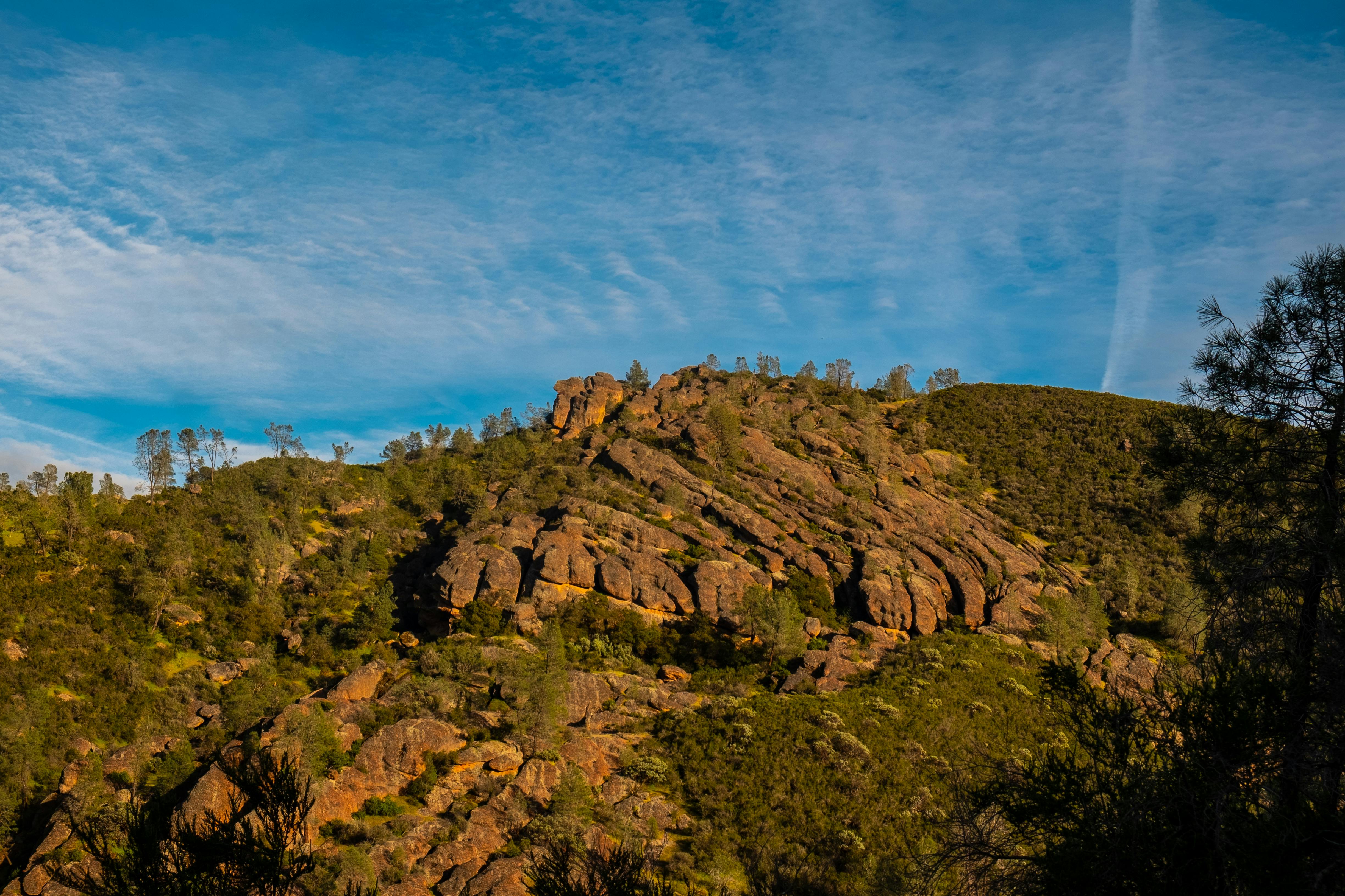 A stunning view of rock formations in Pinnacles National Park under a bright blue sky.