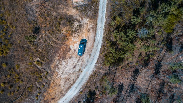 Aerial view of a campervan parked on a rural dirt road surrounded by trees and fields.