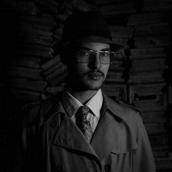 Elegant black and white portrait of a man in a trench coat and hat, exuding mystery and style.