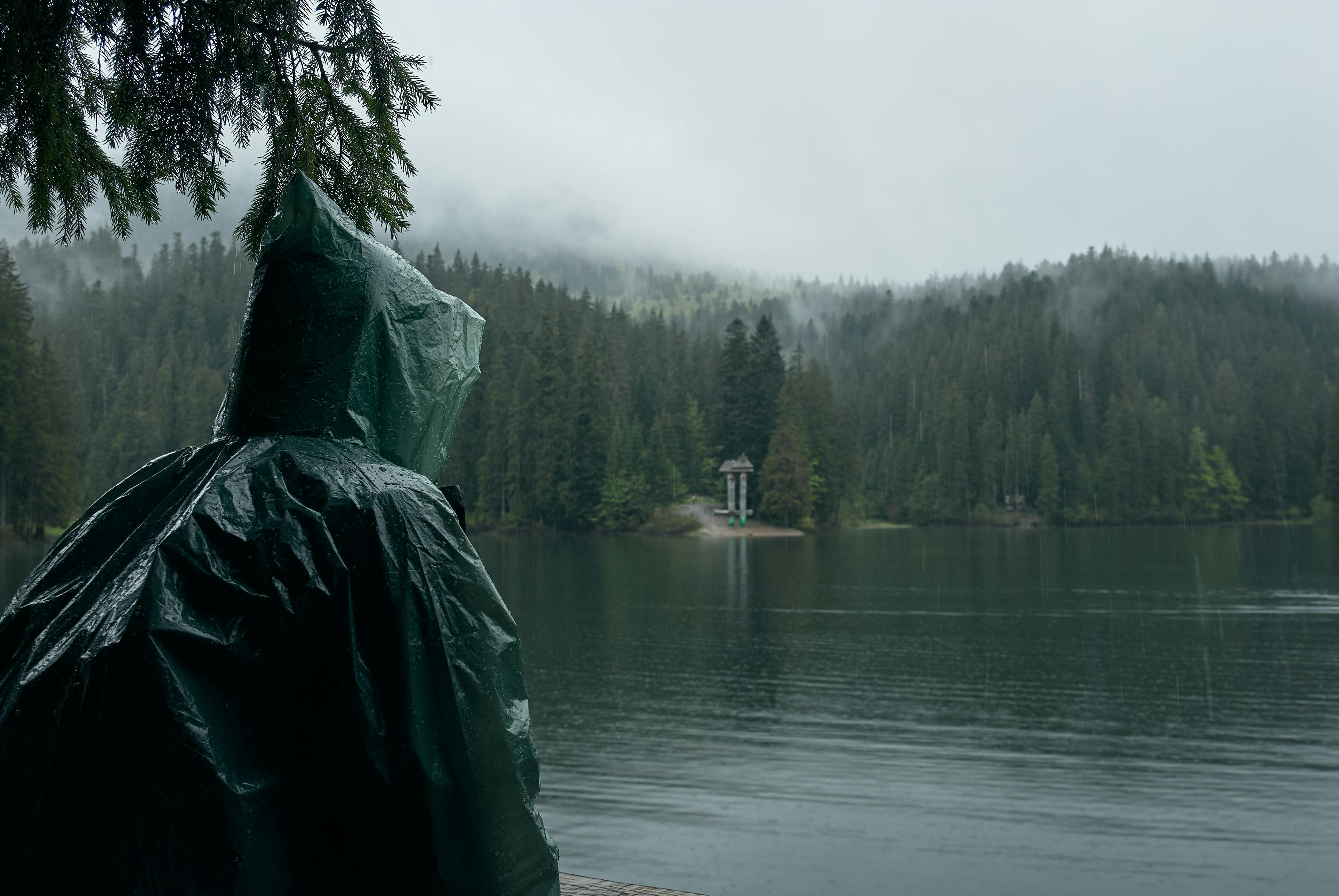 Moody forest lake scene with person in raincoat, surrounded by fog and evergreen trees.