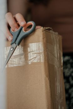 Close-up of a person using scissors to open a taped cardboard box indoors.