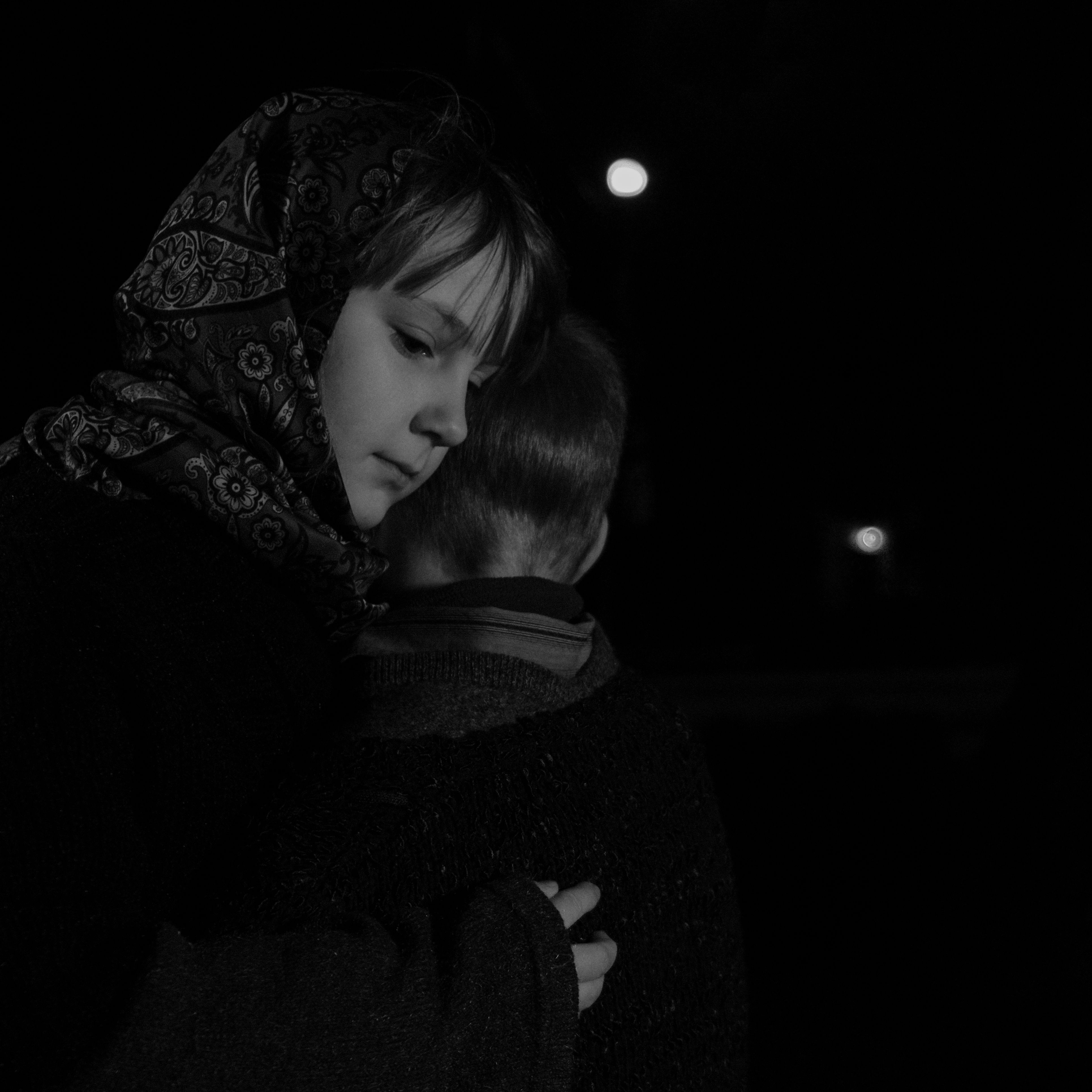 Girl in Shawl Standing with Boy