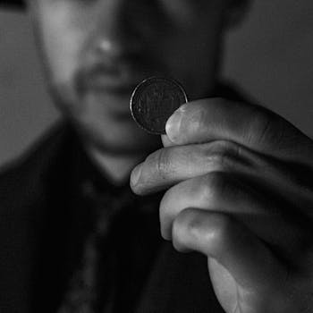 A man holds a coin close to the camera in a dramatic black and white image.